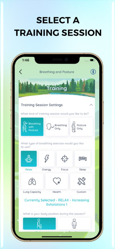 Training session settings with breathing, posture, duration and exercise choices