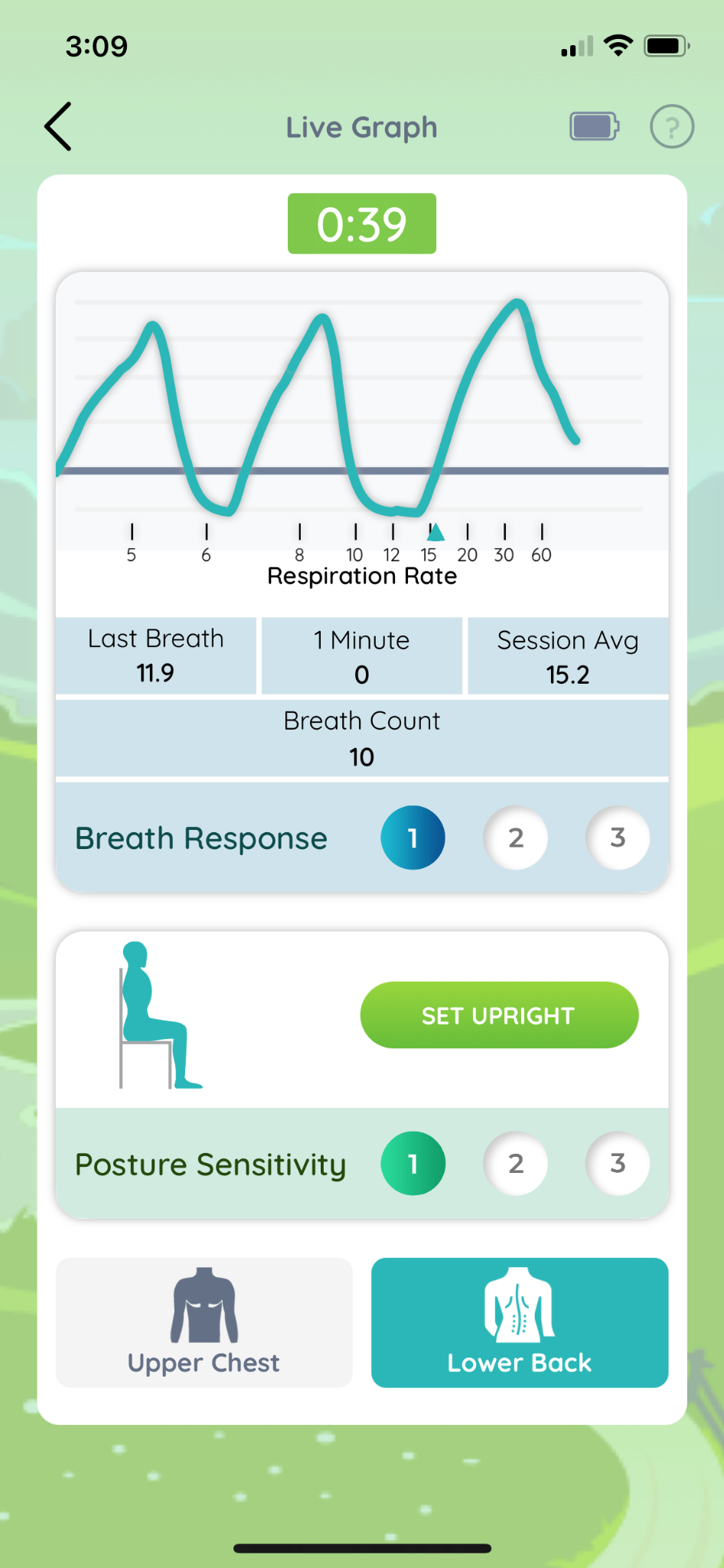 Live breathing waveform, breath response and posture sensitivity