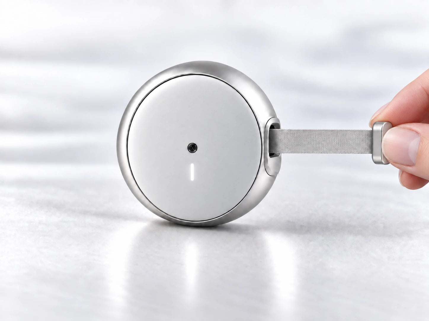 The thin Prana belt extending from the device as the metal end clip is pulled