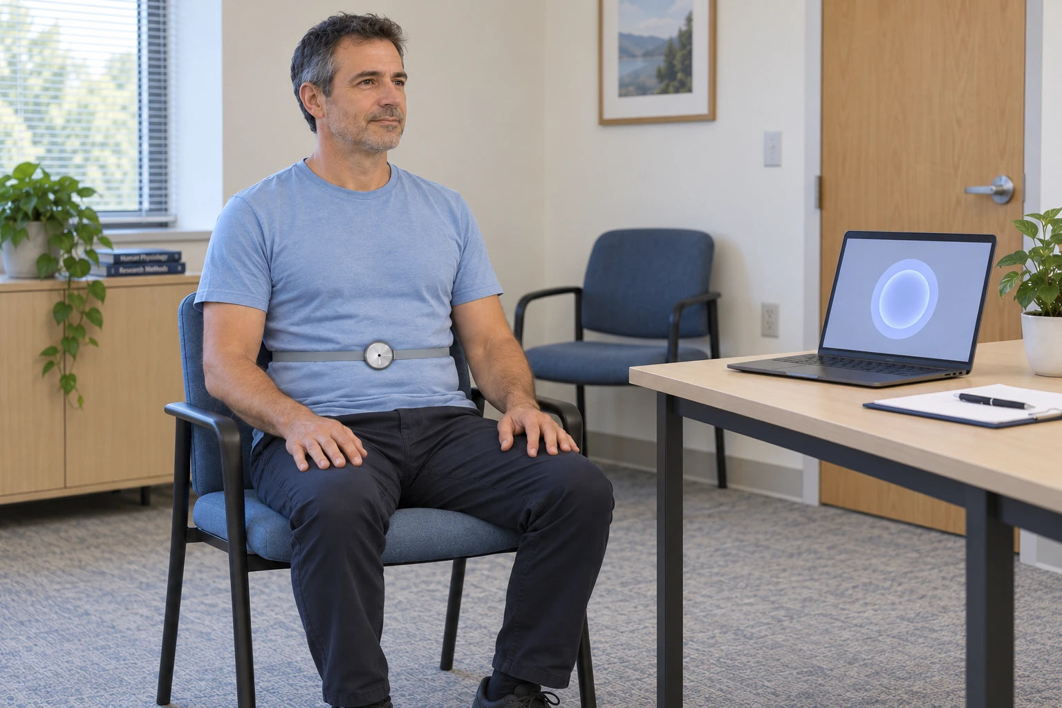 A seated man wearing Prana during a guided breathing session in a study-like setting