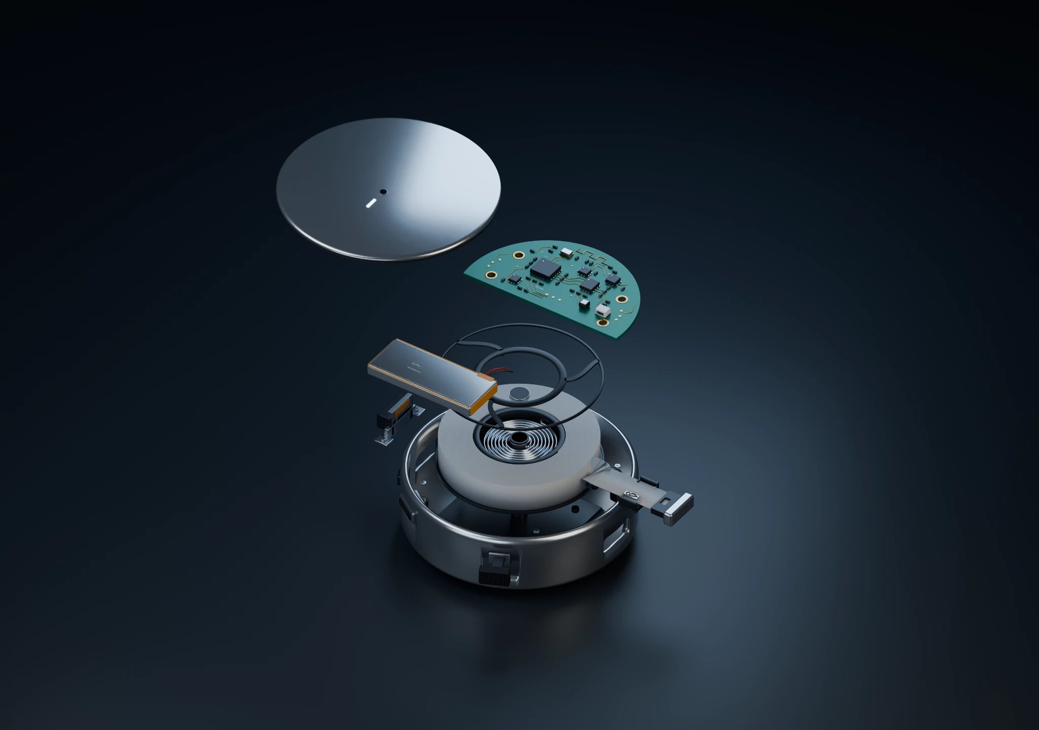 Exploded illustration showing the Prana lid, circuit board, battery, spool, and base