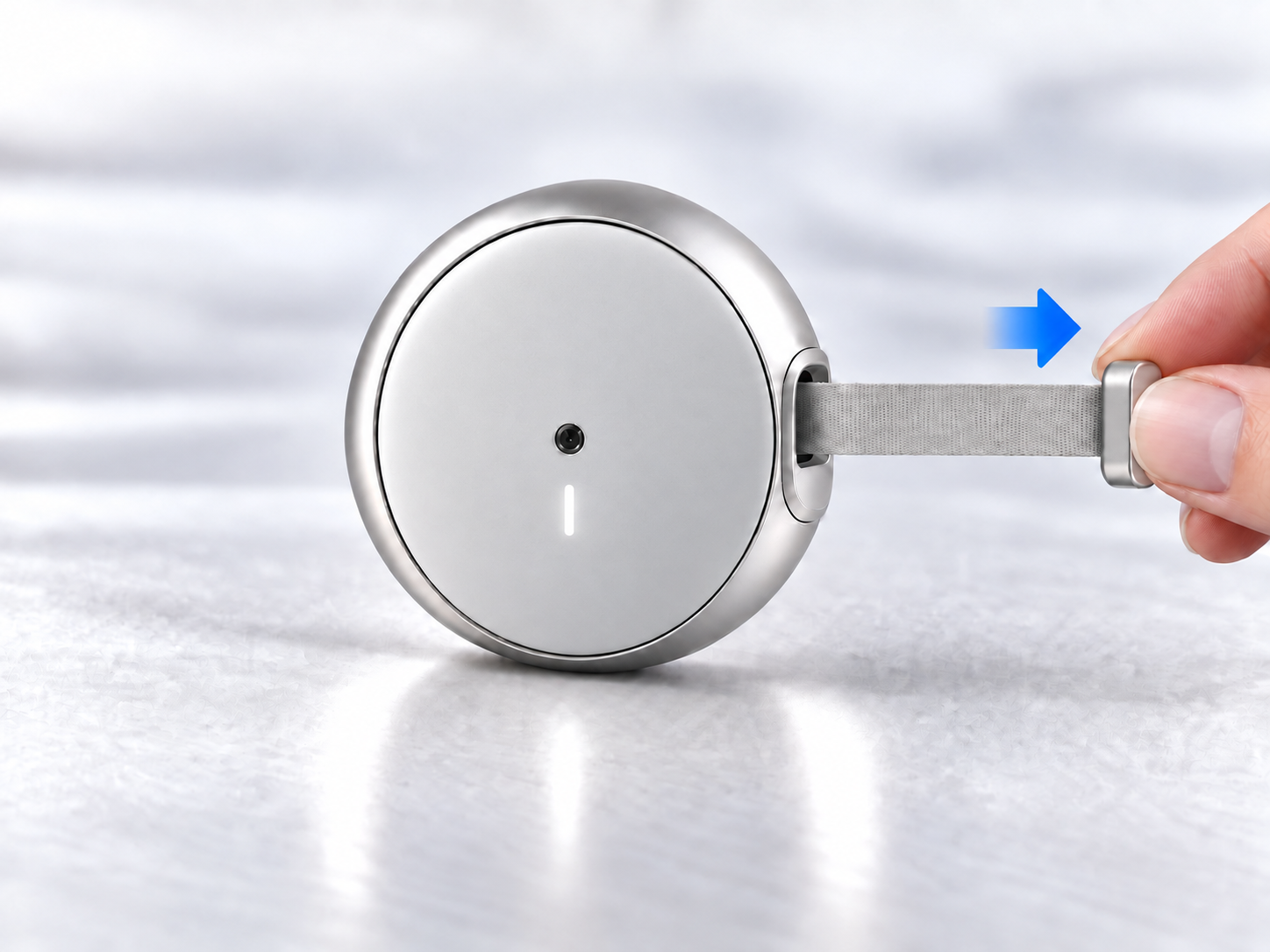 Fingers pulling the Prana clip and thin belt outward, with a blue arrow indicating the direction