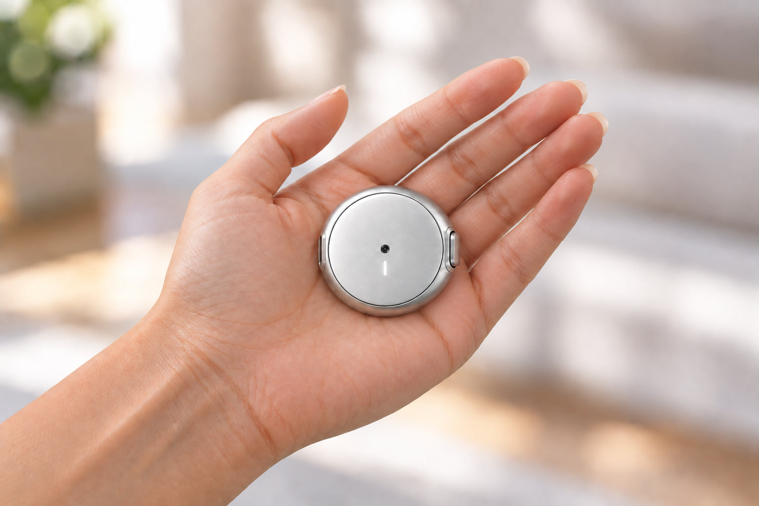 The compact next-generation Prana pod, with its belt fully retracted, resting in an open palm